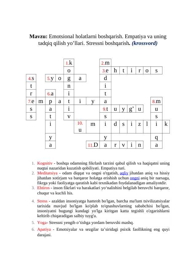Emotsional holatlarni boshqarish.Stressni boshqarish (Krossvord)