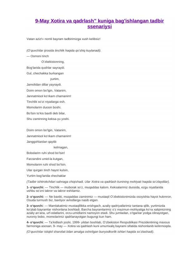 9-May Xotira va qadrlash kuni ssenari