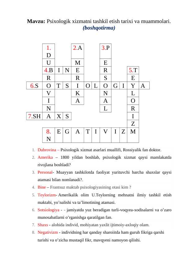 Psixologik xizmatni tashkil etish tarixi va muammolari (boshqotirma)