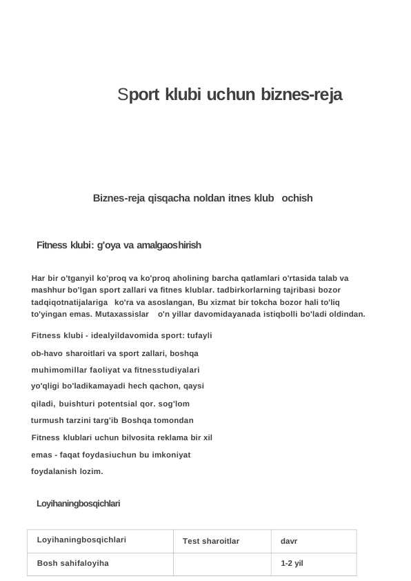 Sport klubi uchun biznes reja