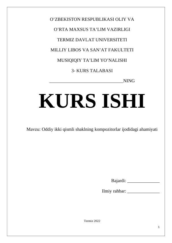 Oddiy ikki qismli shaklning kompozitorlar ijodidagi ahamiyati