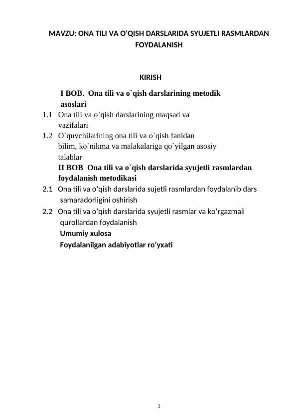 ONA TILI VA O’QISH DARSLARIDA SYUJETLI RASMLARDAN FOYDALANISH