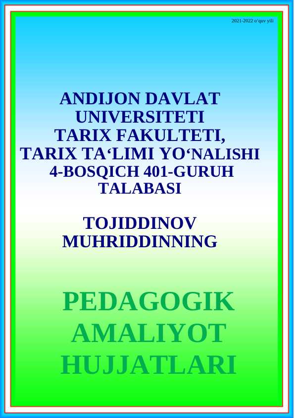 PEDAGOGIK AMALIYOT HUJJATLARI BETLIK FAYL UCHUN