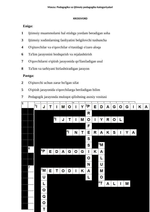 Pedagogika va ijtimoiy pedagogika kategoriyalari krossvord