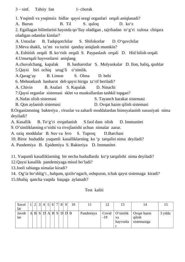 3-sinf test tabiiy fan
