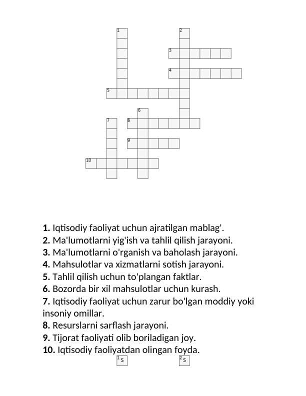 Krossvord Iqtisodiyot