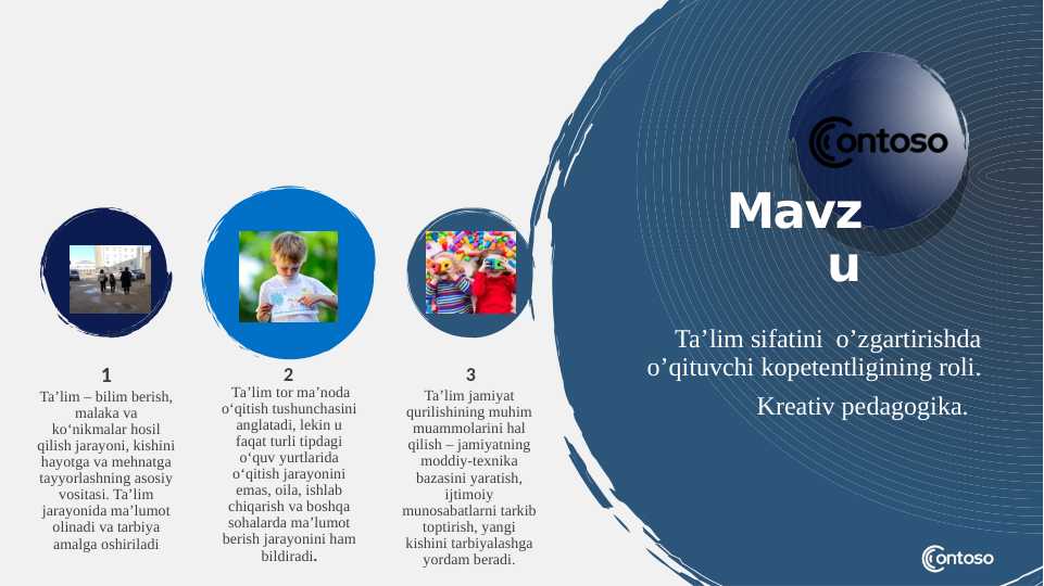Ta’lim sifatini  o’zgartirishda o’qituvchi kopetentligining roli.Kreativ pedagogika.