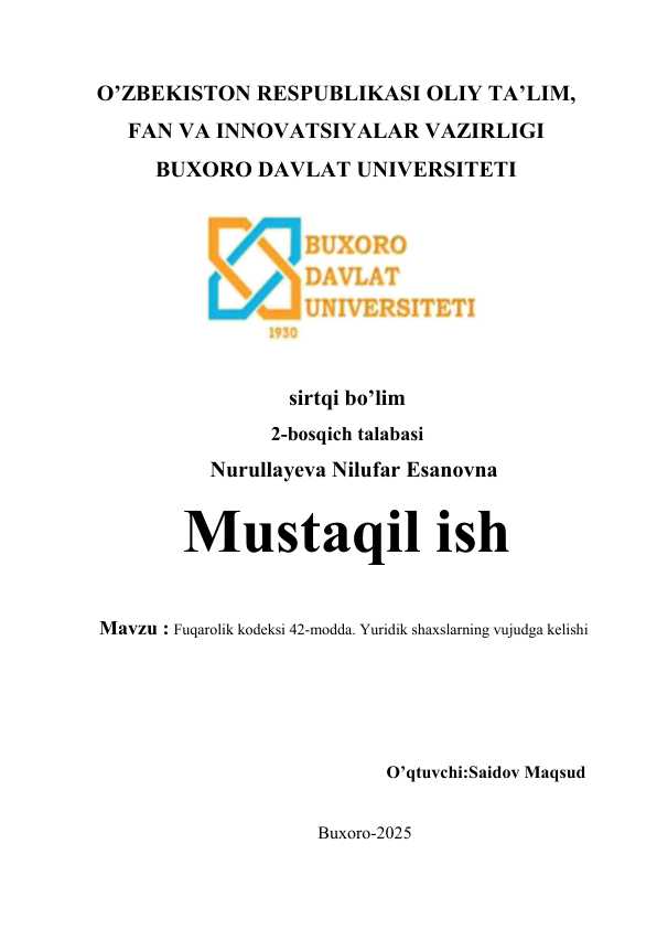 Fuqarolik kodeksi 42-modda. Yuridik shaxslarning vujudgakelishi