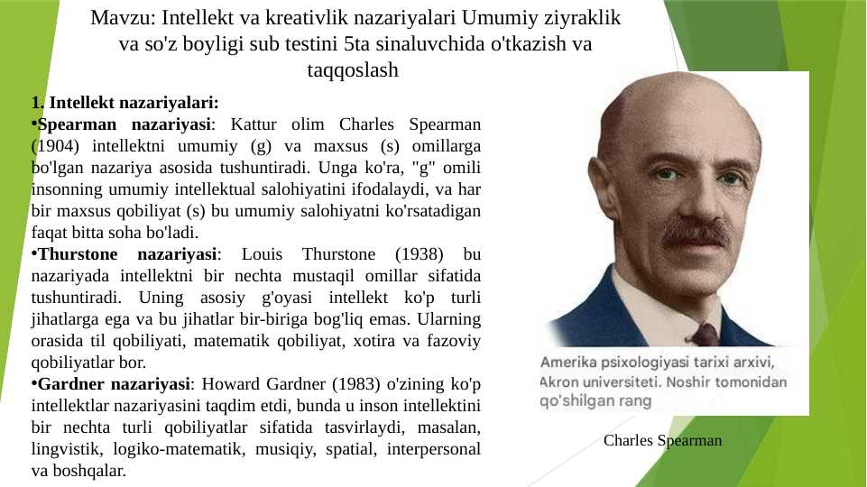 Intellekt va kreativlik nazariyalari Umumiy ziyraklik va so'z boyligi sub testini 5ta sinaluvchida o'tkazish va taqqoslash