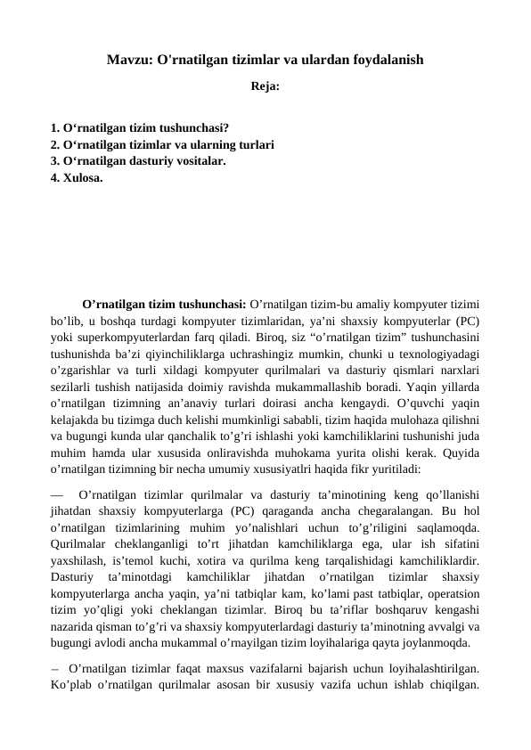 O'rnatilgan tizimlar va ulardan foydalanish