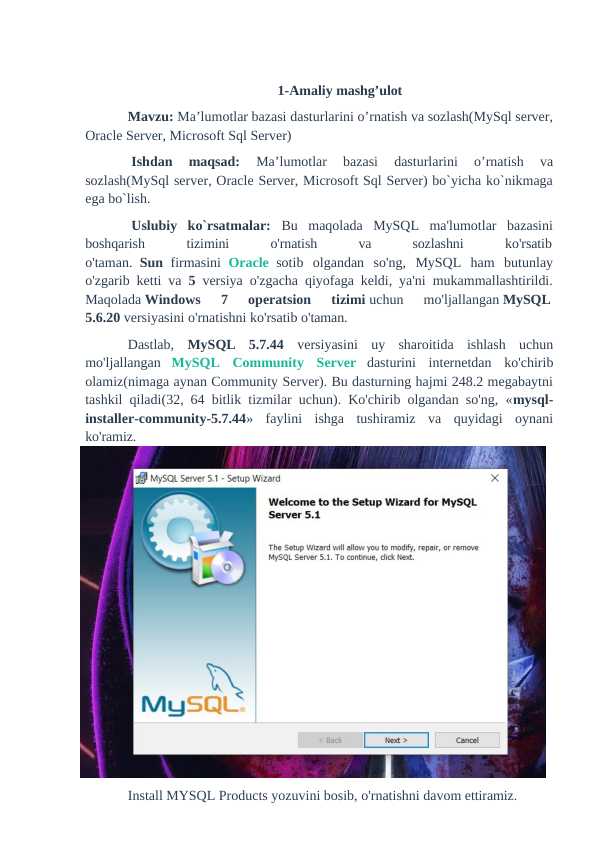 Ma’lumotlar bazasi dasturlarini o’rnatish va sozlash(MySql server, Oracle Server, Microsoft Sql Server.docx