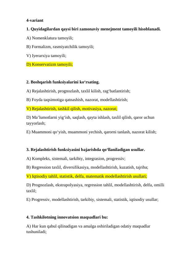 Menejment 4 qism 30 ta Test savol javoblar