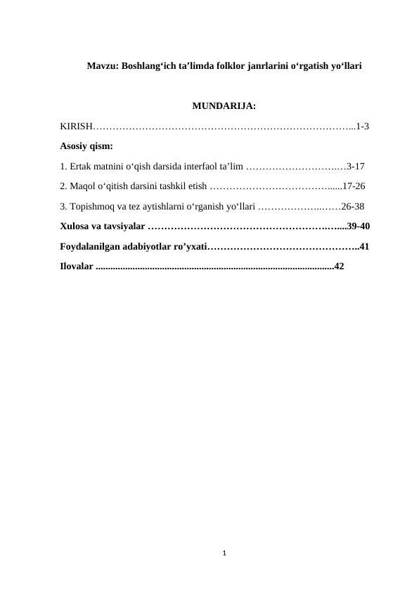Mavzu: Boshlang‘ich ta’limda folklor janrlarini o‘rgatish yo‘llari