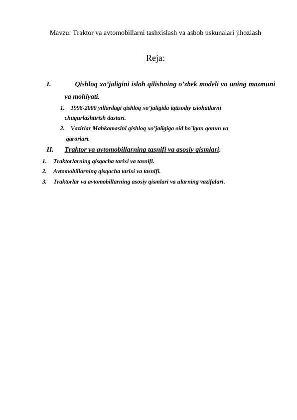 Traktor va avtomobillarni tashxislash va asbob uskunalari jihozlash