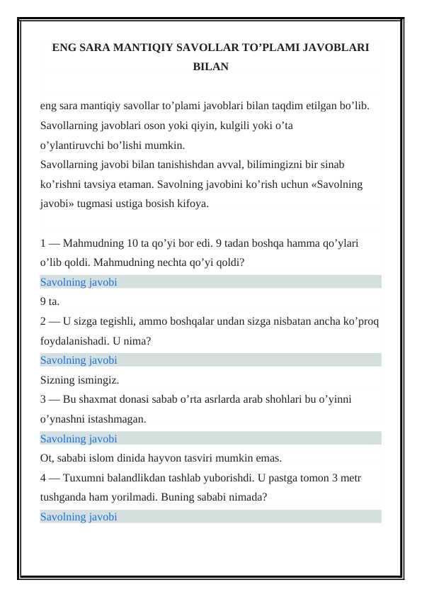 ENG SARA MANTIQIY SAVOLLAR TO’PLAMI JAVOBLARI BILAN