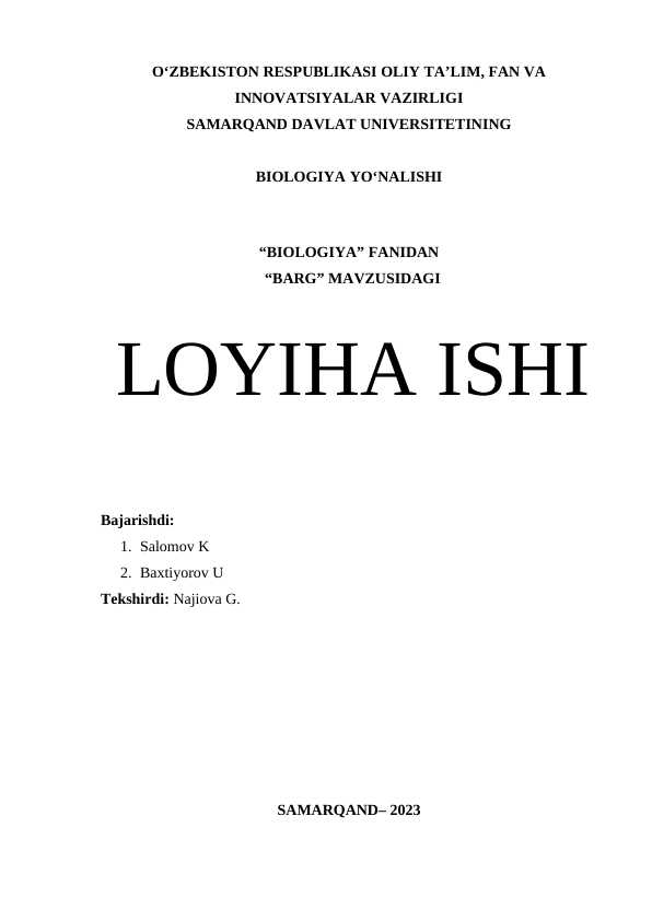 “BIOLOGIYA” FANIDAN “BARG” MAVZUSIDAGI  LOYIHA ISHI
