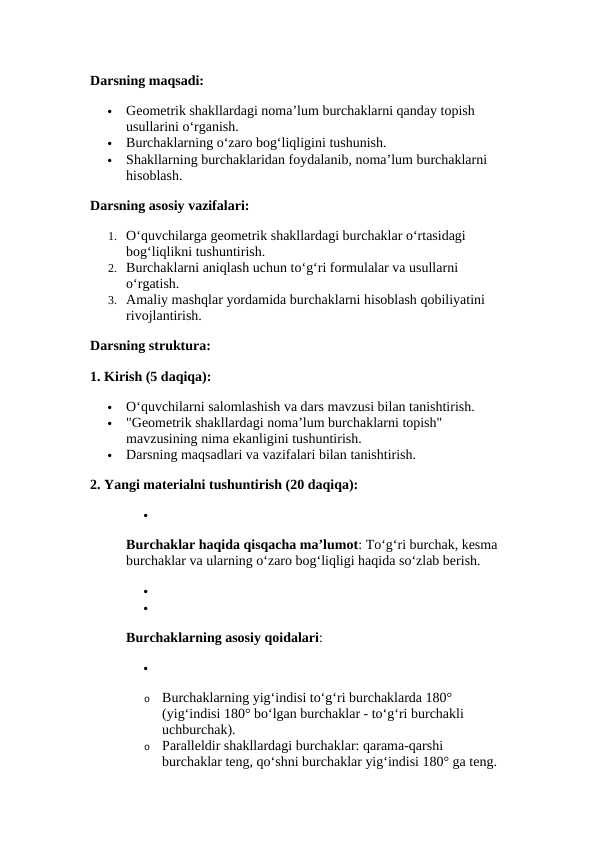 Geometrik shakllardagi noma’lum burchaklarni topish.(ochiq dars ishlanma)