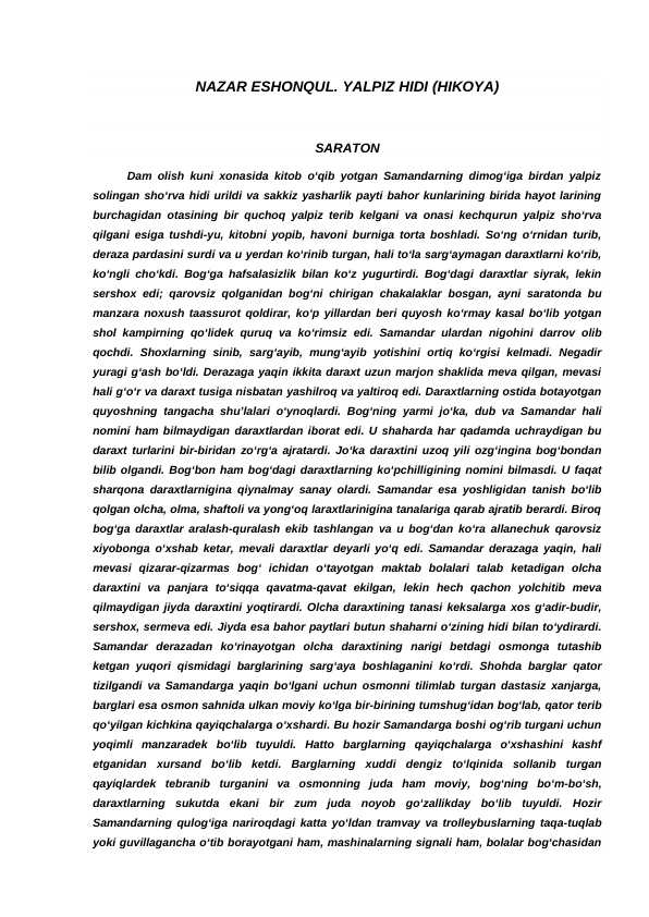 NAZAR ESHONQUL. YALPIZ HIDI (HIKOYA)