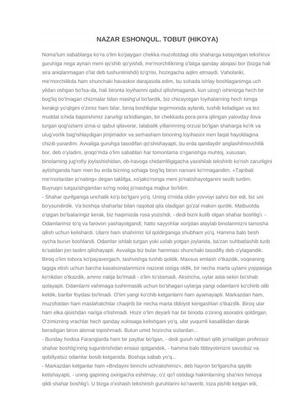 NAZAR ESHONQUL. TOBUT (HIKOYA)