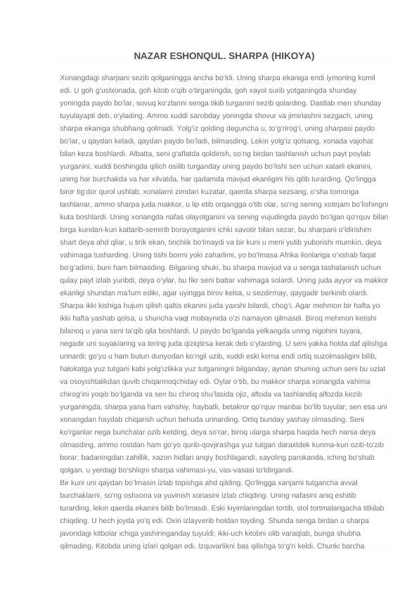 NAZAR ESHONQUL. SHARPA (HIKOYA)