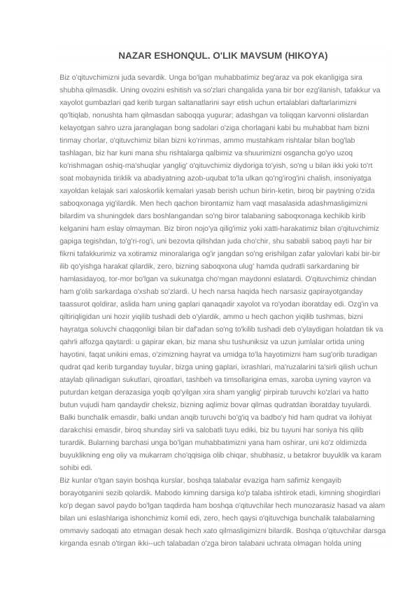 NAZAR ESHONQUL. O'LIK MAVSUM (HIKOYA)