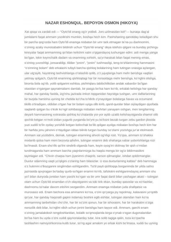 NAZAR ESHONQUL. BEPOYON OSMON (HIKOYA)