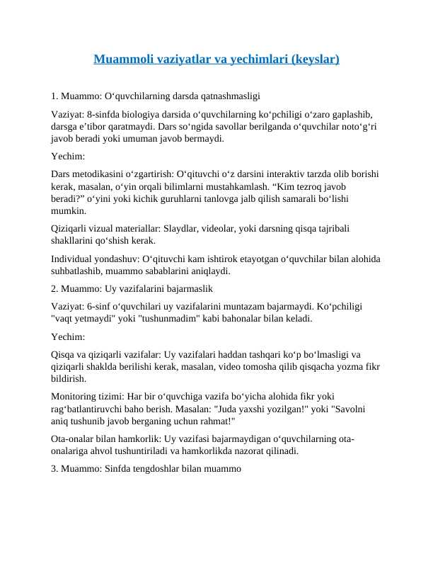 Muammoli vaziyatlar va yechimlari (keyslar) YO'RIQNOMA