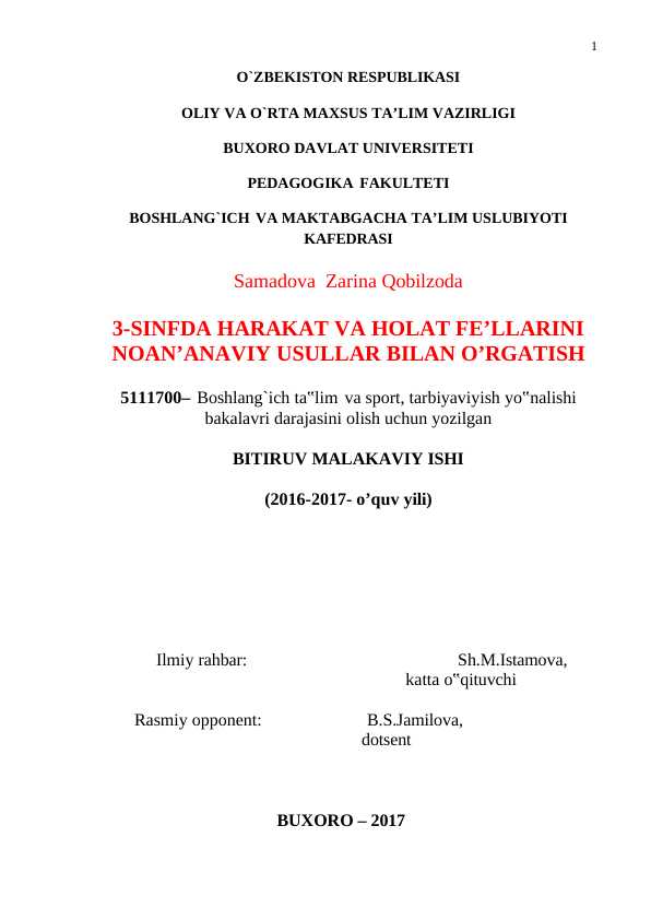 3-SINFDA HARAKAT VA HOLAT FE’LLARINI NOAN’ANAVIY USULLAR BILAN O’RGATISH