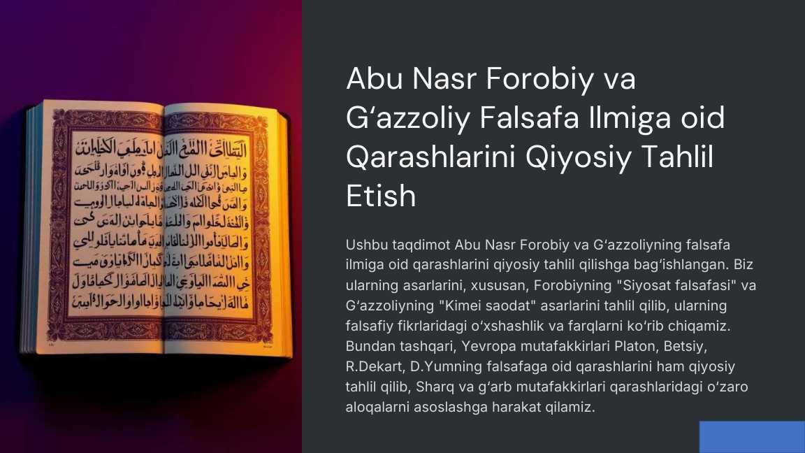 Abu Nasr Forobiy va G‘azzoliyning falsafa ilmiga oid qarashlarini qiyosiy tahlil etish (Farobiyning Siyosat falsafasi va G‘azzoliyning Kimei saodat asarlari asosida); Yevropa mutafakkirlari Platon, Betsiy, R.Dekart, D.Yumning falsafga oid qarashlarini qiyosiy taxlili etish va fikrlarga izox berish, Sharq  va g‘arb mutafakkirlari qarashlaridagi farq va o‘zaro aloqalarni asoslash