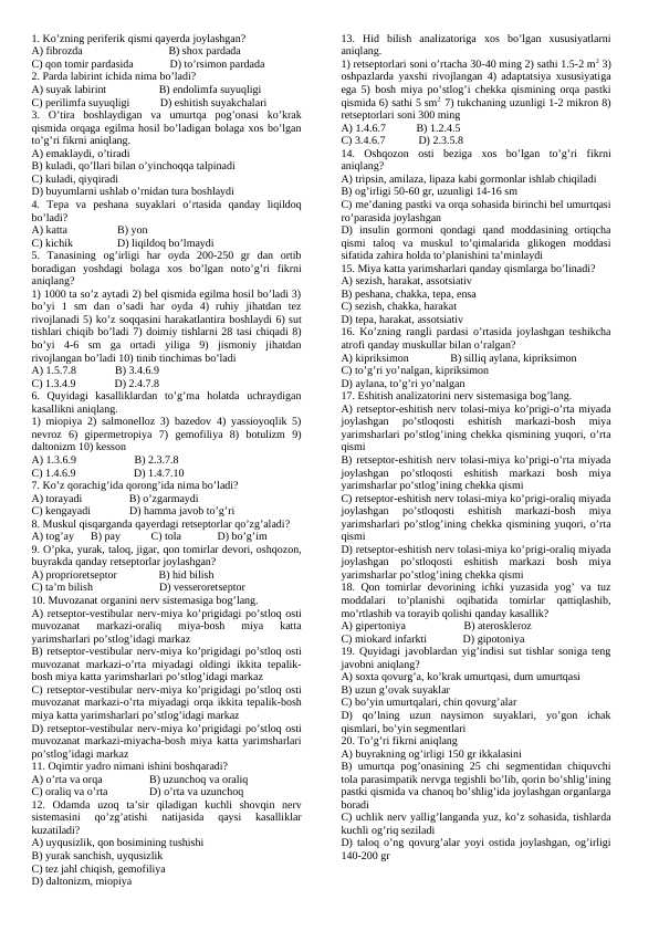 biologiya test baza abuturiyent uchun