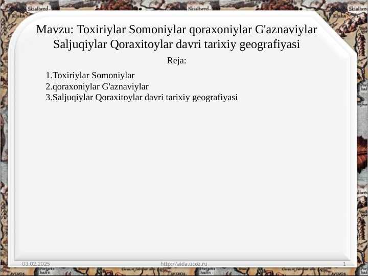 Toxiriylar Somoniylar qoraxoniylar G'aznaviylar Saljuqiylar Qoraxitoylar davri tarixiy geografiyasi