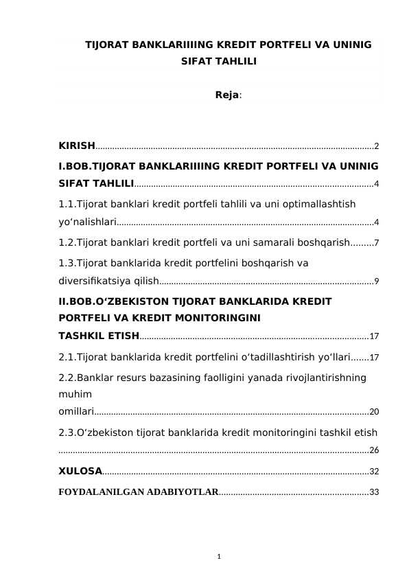 Tijorat banklariiiing kredit portfeli va uninig sifat tahlili