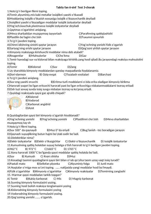 Tabiiy fan 6-sinf test 3-chorak
