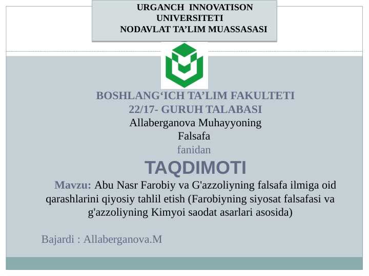 Abu Nasr Farobiy va G'azzoliyning falsafa ilmiga oid qarashlarini qiyosiy tahlil etish (Farobiyning siyosat falsafasi va g'azzoliyning Kimyoi saodat asarlari asosida)