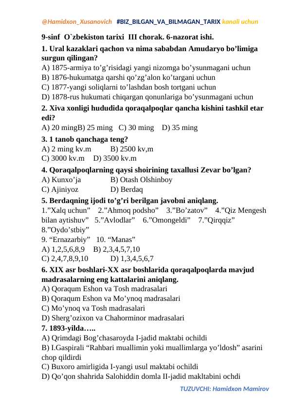 9-O`zbekiston tarixi... .Nazorat ishi-6 yangisi 2023-2024