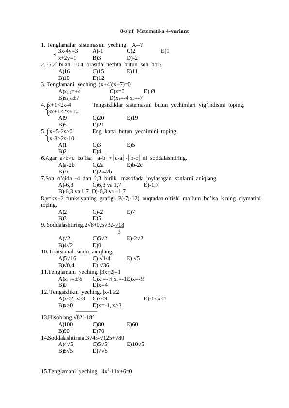 8-sinf matematika test 4-variant