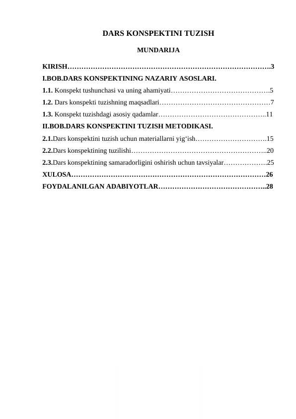 DARS KONSPEKTINI TUZISH