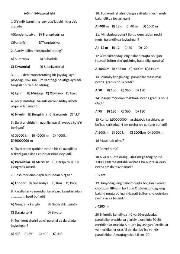 6-Sinf 5-Nazorat ishi biologiya