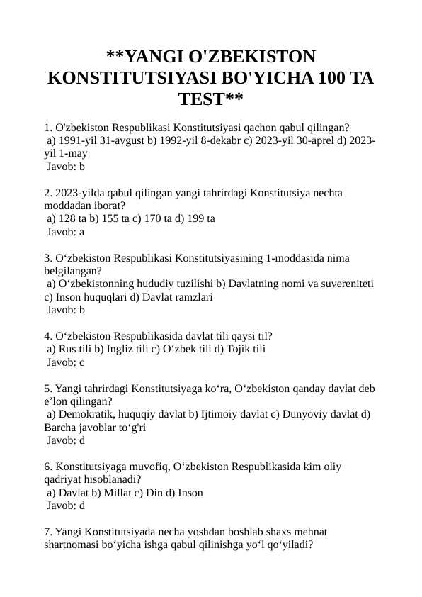 YANGI O'ZBEKISTON KONSTITUTSIYASI BO'YICHA 100 TA TEST