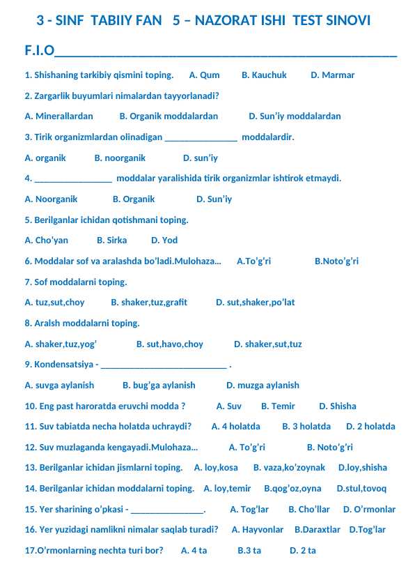 3-sinf tabiiy fan 5-nazorat ishi test