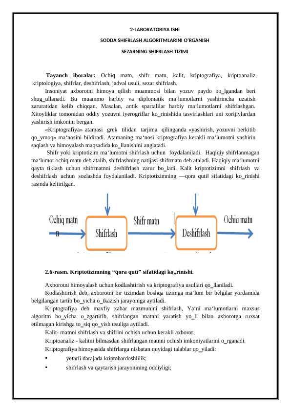 SODDA SHIFRLASH ALGORITMLARINI O’RGANISH SEZARNING SHIFRLASH TIZIMI