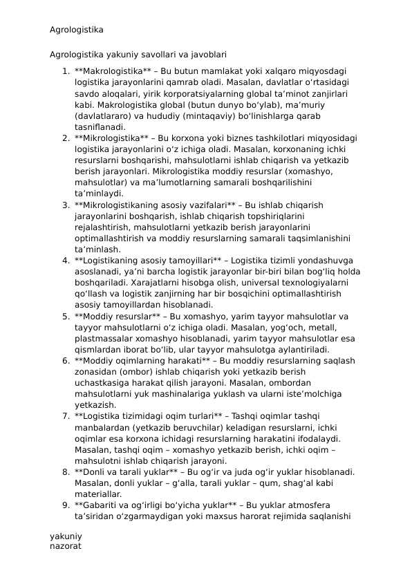 Agrologistika fanidan yakuniy javoblari