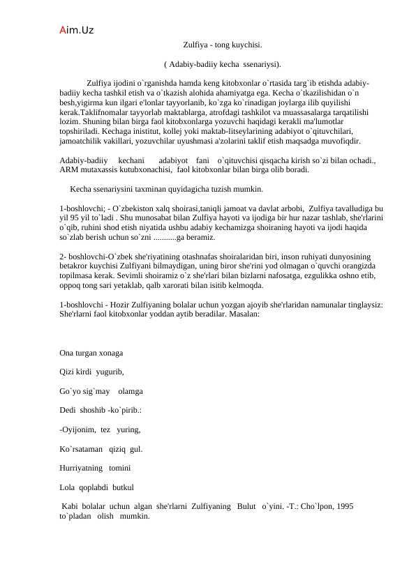 Zulfiyaxonim ttavalludiga tadbir ssenariyysi