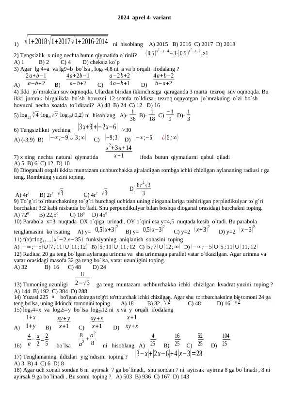 Abiturynetlar uchun matematikadan  takrorlash testlari