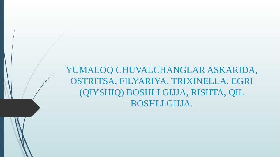 YUMALOQ CHUVALCHANGLAR ASKARIDA, OSTRITSA, FILYARIYA, TRIXINELLA, EGRI (QIYSHIQ) BOSHLI GIJJA, RISHTA, QIL BOSHLI GIJJA.