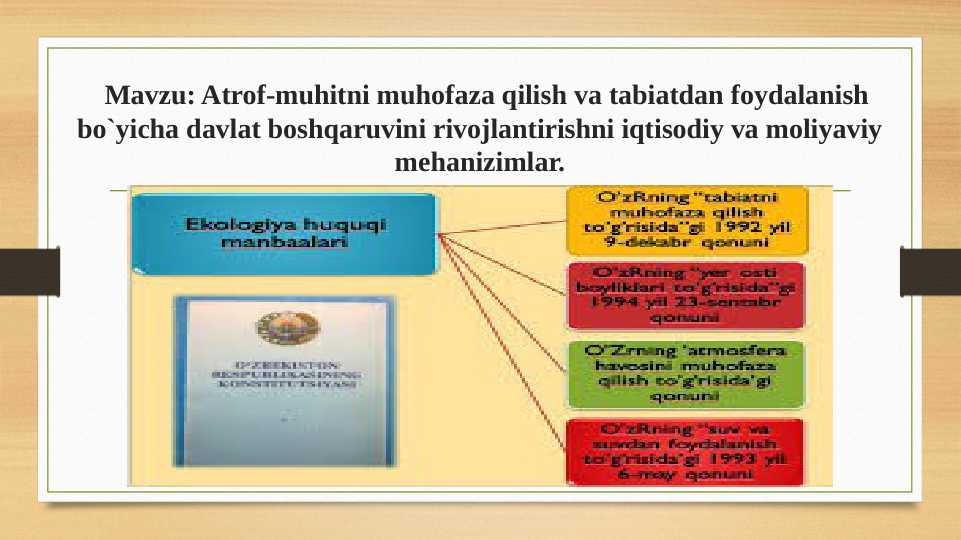 Atrof-muhitni muhofaza qilish va tabiatdan foydalanish bo`yicha davlat boshqaruvini rivojlantirishni iqtisodiy va moliyaviy mehanizimlar