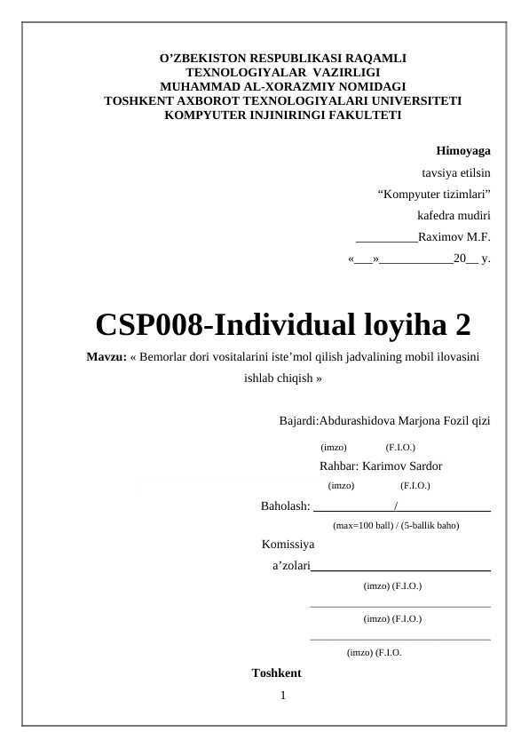 Bemorlar dori vositalarini iste’mol qilish jadvalining mobil ilovasini ishlab chiqish