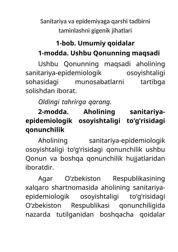 Sanitariya va epidemiyaga qarshi tadbirni taminlashni gigenik jihatlari