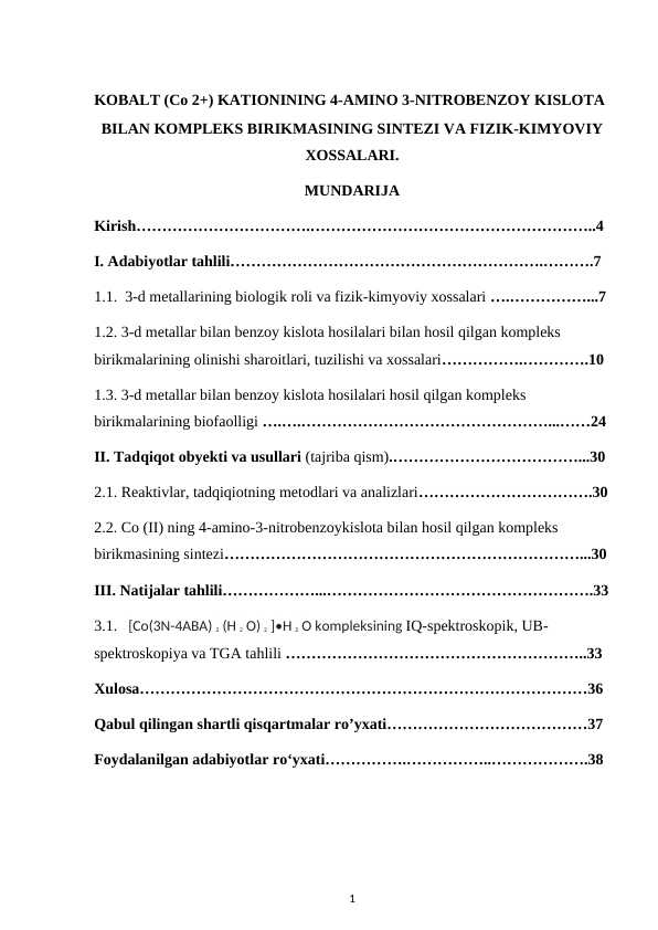 KOBALT (Co 2+) KATIONINING 4-AMINO 3-NITROBENZOY KISLOTA BILAN KOMPLEKS BIRIKMASINING SINTEZI VA FIZIK-KIMYOVIY                   XOSSALARI