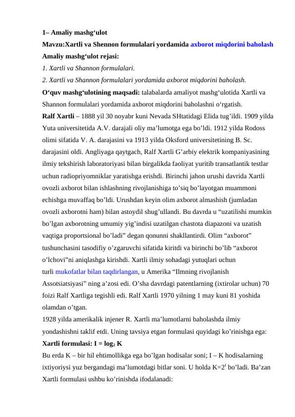 Xartli va Shennon formulalari yordamida axborot miqdorini baholash